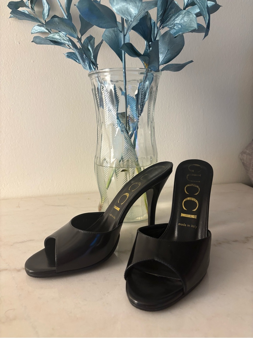 Gucci Black Patent Leather High Heel Mules